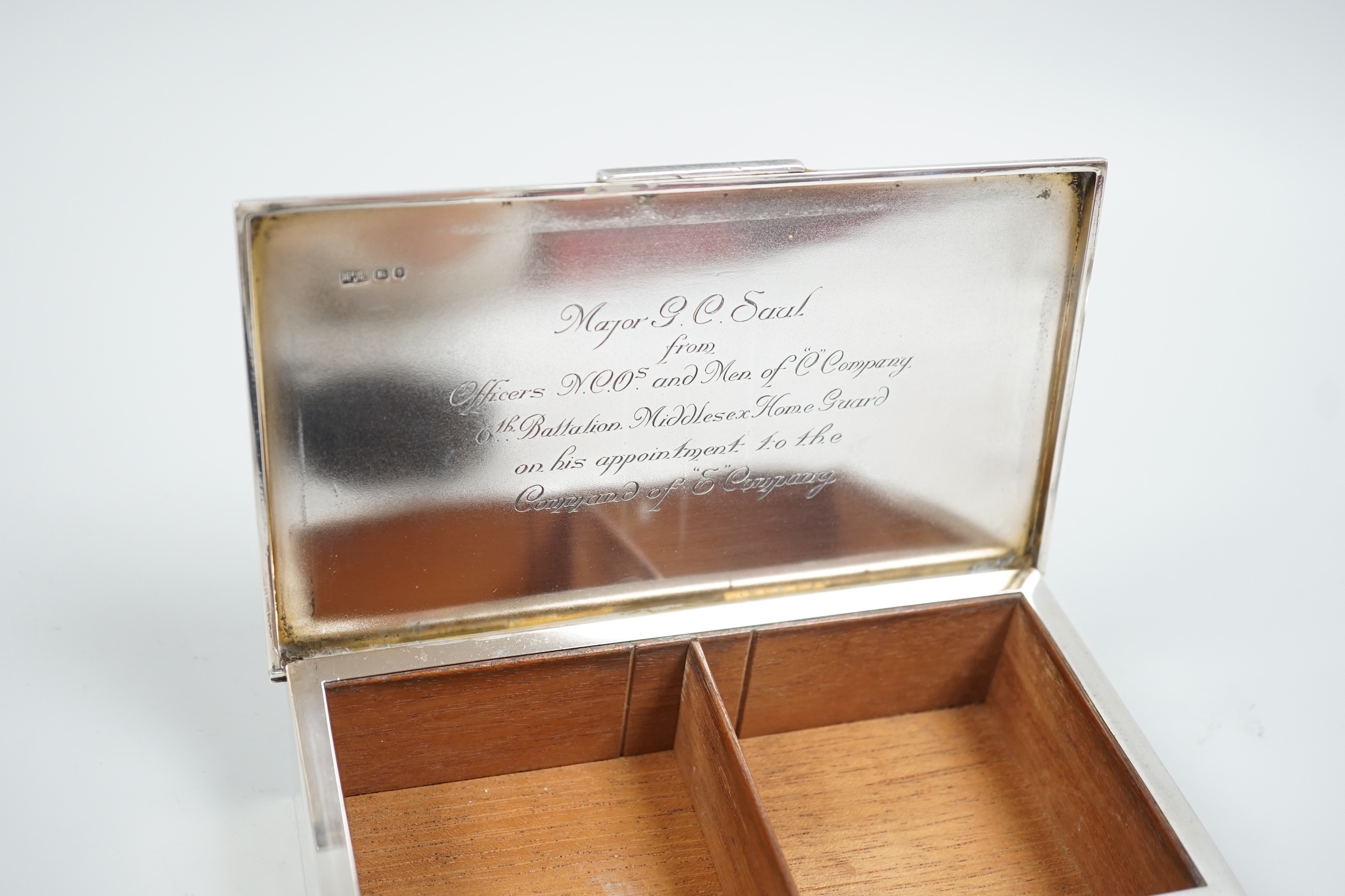 A George VI part engine turned silver mounted cigarette box, London, 1951, 16.5cm.